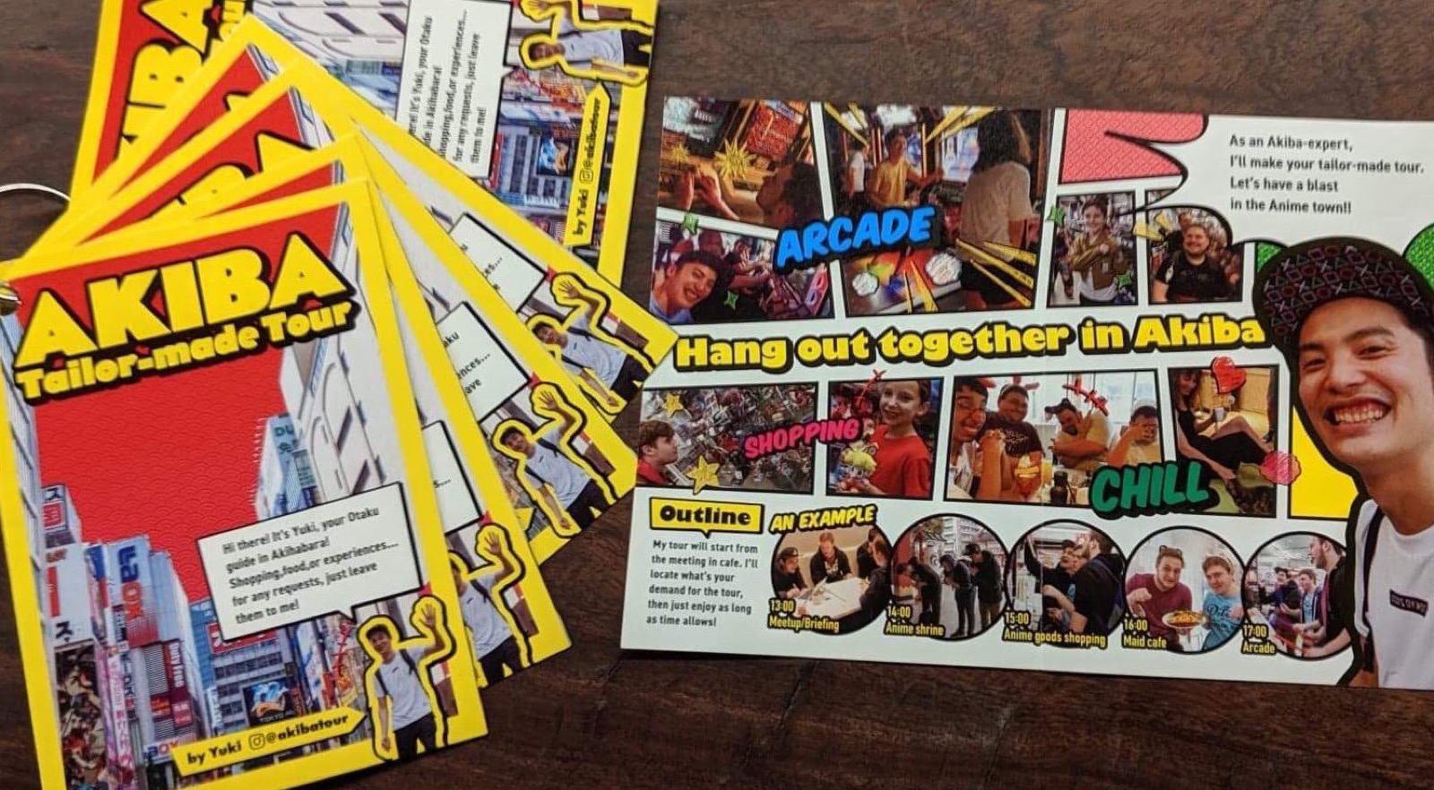 The Akiba Tailor-made Tour flyers, showing arcade, shopping and chill-out moments from past tours