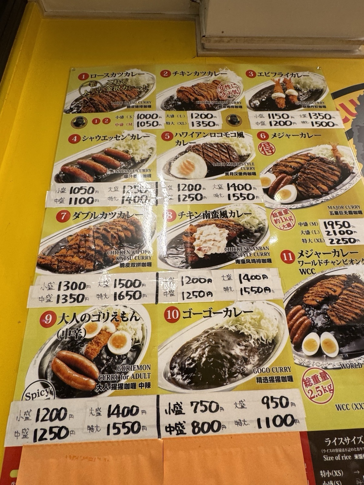 The wall menu with all eleven numbered dishes